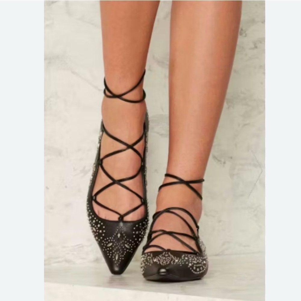 Lola Cruz Black Studded Leather Flats EU 39 Anthropologie Boho Rock Chic